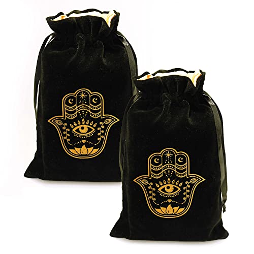 ARTSY CRAFTS 6x9" Hamsa Hand Velvet Jewelry Pouch Gift Bags, Fatima Hand Evil Eye Velvet Drawstring Oracle Tarot Card Rune bags Dice Bag (2pk Smoky Black) - color: 2pk Smoky Black