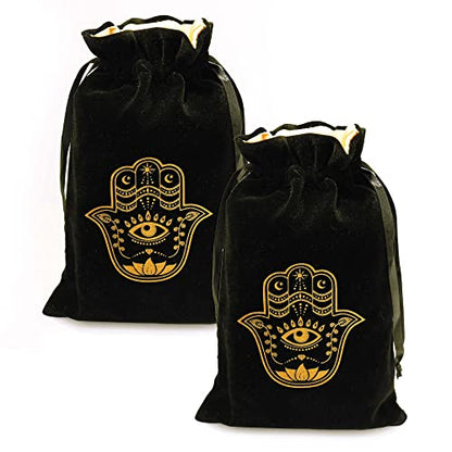 ARTSY CRAFTS 6x9" Hamsa Hand Velvet Jewelry Pouch Gift Bags, Fatima Hand Evil Eye Velvet Drawstring Oracle Tarot Card Rune bags Dice Bag (2pk Smoky Black) - color: 2pk Smoky Black