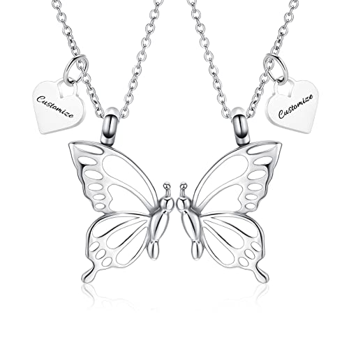 constantlife 2 Pack Butterfly Urn Necklaces for Ashes for Women Girls Stainless Steel Pendants Cremation Keepsake Jewelry Mother Daughter Sister Friendship Memorial Gifts - color: Customize-B
