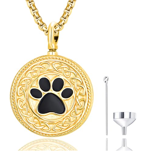 Pet Cremation Urn Necklace for Dog Cat Ashes 925 Sterling Silver Paw Print Keepsake Pendant Celtic Knot Memorial Jewelry for Women Men - style: 00E-Round Urn-(Gold Plated)
