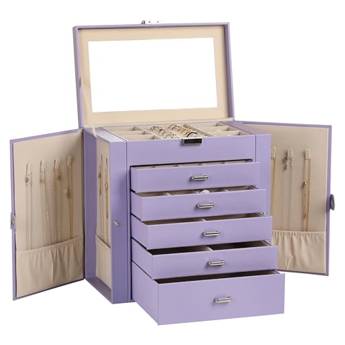 6-Layer Jewelry Box for Women,Large Jewelry Organizer with Drawer | Faux Leather,Built-in Mirror,Spacious Jewelry Storage,16 Necklace Hooks,Organizing by Category for Rings Earrings Bracelet - color: Purple, size: Large