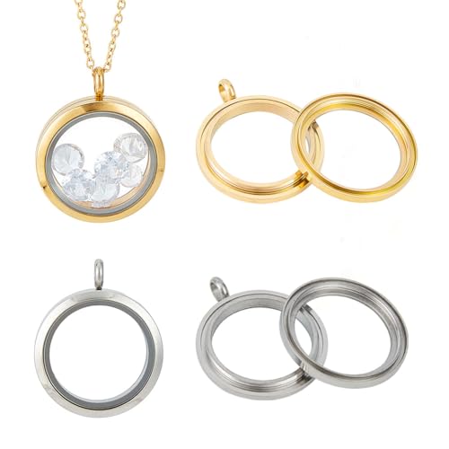 4pcs Photo Locket Charms Necklace Round Stainless Steel Locket Pendants Crystal Double-Sided Picture Frame Memory Locket Charm with 17.7inch Chain for Wedding Jewellery Making Photo - color: Silver and Gold