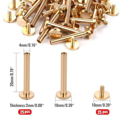 Chicago Binding Screws - 4mm x 20mm Binding Posts - 10mm Phillips Nut - Chicago Screw Binding Post Screw Kit for DIY Leather Decoration Scrapbook Photo Albums (Brass, 25 PCS) - size: 4mm x 20mm