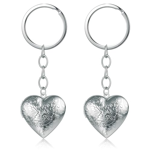 2PCS Elegant Heart Locket Keychain with Decorative Chain Stainless steel, Heart Pattern Design, Photo Frame Pendant - color: Heart-3