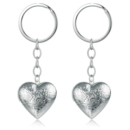 2PCS Elegant Heart Locket Keychain with Decorative Chain Stainless steel, Heart Pattern Design, Photo Frame Pendant - color: Heart-3
