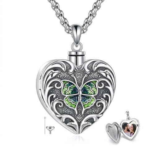 ONEFINITY Urn Locket Necklace for Ashes 2 in 1 Memorial Photo Pendant Cremation Keepsake Jewelry for Loss of Loved One - color: Butterfly