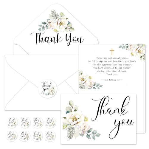 Whaline 48Pcs Funeral Thank You Cards White Floral Sympathy Thank You Card with Stickers Envelope Bereavement Note with Message for Memorial Service Loved Ones Celebration of Life