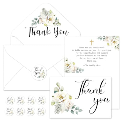 Whaline 48Pcs Funeral Thank You Cards White Floral Sympathy Thank You Card with Stickers Envelope Bereavement Note with Message for Memorial Service Loved Ones Celebration of Life