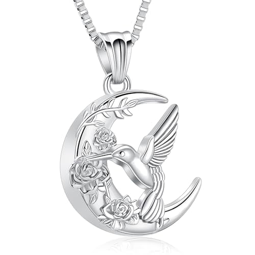 XSMZB Hummingbird Urn Necklace for Ashes of Loved One Rose Flower Moon Cremation Jewelry Ashes Holder Keepsake Pendant for Women Men - color: Silver