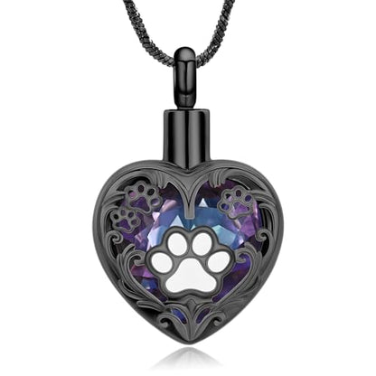 Yinplsmemory Pet Urn Necklace Pendant Jewelry for Dog Cat Memorial Crystal Heart Cremation Jewelry with Paw Print Ashes Keepsake Funeral Jewelry - color: Black-Purple