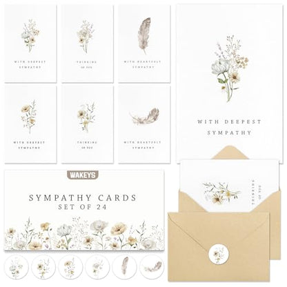 24 Pcs Sympathy Cards with Envelopes, Bulk Condolence Cards with Thoughtful Messages with Adhesive Envelopes and Stickers, 6 Unique Designs