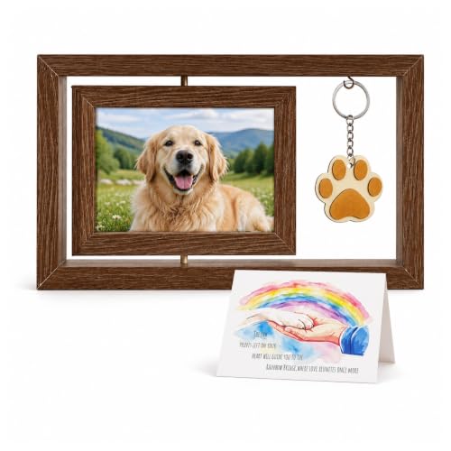 Rotating Pet Memorial Frame Paw Print Keychain 3-Piece Gift 4x6 Wooden Rotating Frame Daily Carry Paw Keychain Rainbow Bridge Card Dog Mom Cat Mom Pet Loss Sympathy