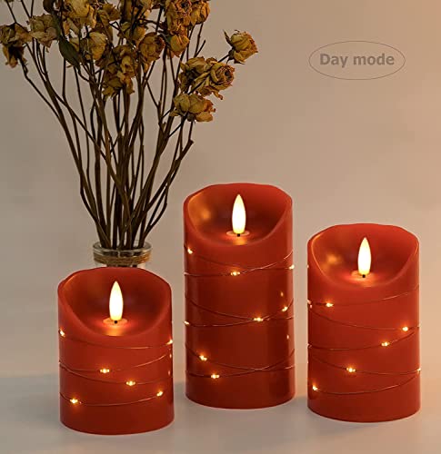 danip red LED flameless Candle with Embedded Star String, 3-Piece Set of LED Candles, with 11 Button Remote Control, 24-Hour Timer Function, Dancing Flames, Real Wax, Battery Powered. (Red) - color: redX#1*3N#1*3