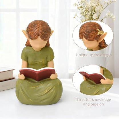 Book Lovers Gifts for Women, Hand Painted Bookshelf Decor for Women Reader | Modern Abstract Decoration on Library Office Desk, Fairy Decor for Bookish Gifts - style: Reading Elf