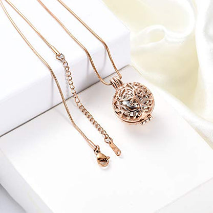 Cremation Jewelry Urn Necklace for Ashes with Hollow Mini Ball Keepsake Urn Pendant Memorial Jewelry for Ashes - color: Silver with Rose