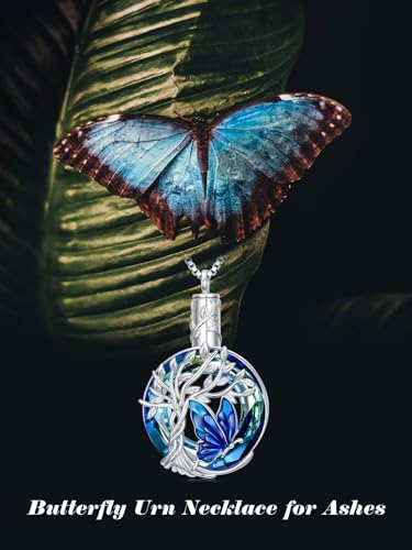 TOUPOP Butterfly Necklace for Women 925 Sterling Silver Tree of Life Butterflies Dragonfly Hummingbird Pendant Necklaces Crystal Jewelry Anniversary Christmas Birthday Gift for Her - color: Butterfly Blue - Urn