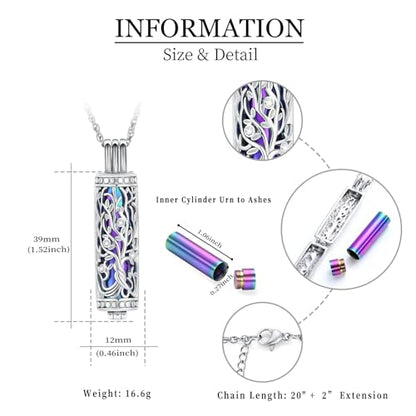 shajwo Cylinder Cremation Jewelry Tree of Life Urn Ashes Necklace for Women Men Vial Cremation Ash Pendant Loved One Memorial Jewelry - color: Rainbow