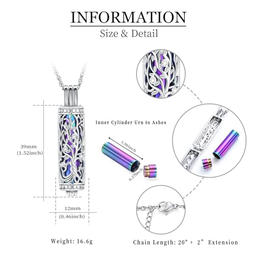 shajwo Cylinder Cremation Jewelry Tree of Life Urn Ashes Necklace for Women Men Vial Cremation Ash Pendant Loved One Memorial Jewelry - color: Rainbow