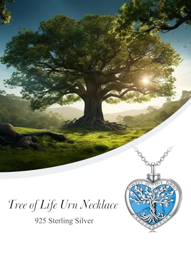 TOUPOP Tree of Life Urn Necklaces for Ashes 925 Sterling Silver Heart Cremation Jewelry Memorial Keepsake Jewelry with Funnel Filler for Women Men - color: A-Heart Tree of Life-Turquoise