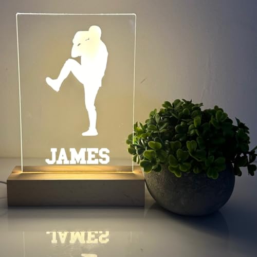 MIRROR MANIA American Baseball Sports Fan Player Game Pitcher School Team Sports Theme Ball Lamp Night Light Wood Base LED Personalized Free Name Boys Room Accent, Man Cave Decor, Made in America!