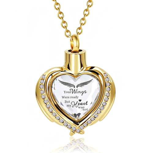 Angel Wing Heart Crystal Cremation Necklace - Stainless Steel Keepsake Pendant for Ashes, Cubic Zirconia Crystal Heart Shaped Urn Necklace for Loved Ones - color: Gold-White