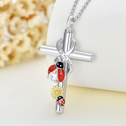 Cross Urn Necklace for Ashes 925 Sterling Silver Cremation Jewelry with Funnel Filler Kit Ashes Necklace for Human Women Girl Pets - color: G_Ladybug Urn Necklace, style: Personalized