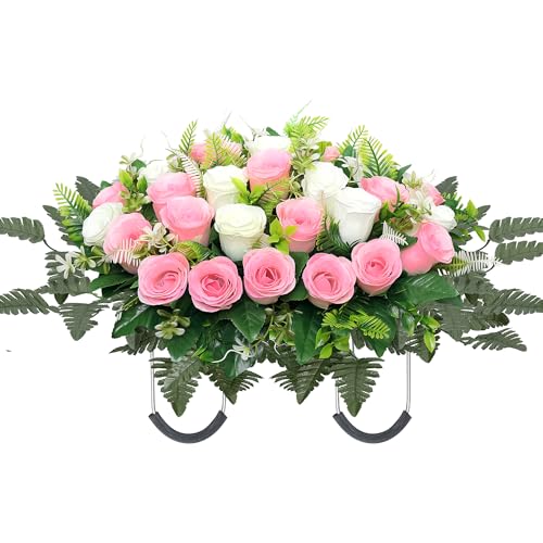 Artificial Cemetery Flowers for Grave,Headstone Flower Saddle for Tombstone Headstone Decorations Non-Fading Easy Fit (Pink White) - color: Pink White