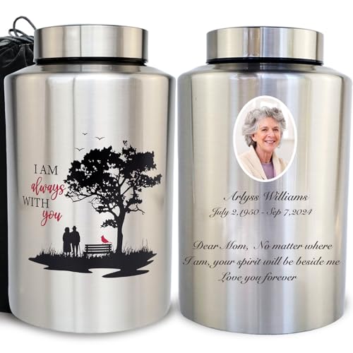 Large Customized Cremation Urns for Human Ashes, Couple Pattern | ull Size 220 lbs Capacity, Stainless Steel, Laser Engraving Name & Photo, For Adult Female & Male, Sealing Well & Durable - color: Couple-silver, size: Large 220 lbs - Personalized