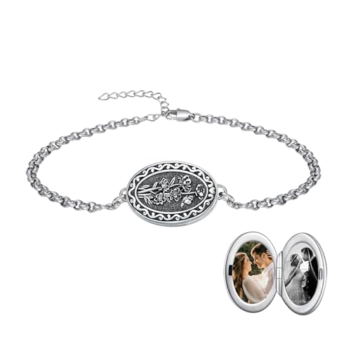 Birth Flower Photo Locket Bracelet 925 Sterling Silver 12 Month Locket Bracelet with Picture Birth Flower Photo Jewelry Gifts for Women Mother Mom Daughter - style: 10-October-Marigold