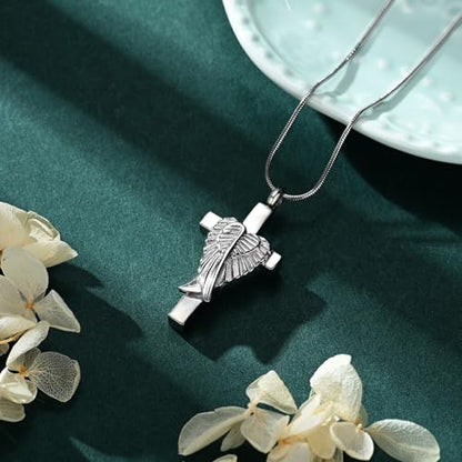 Cross Cremation Jewelry Urn Necklaces Cross Angel Wings Urn Necklaces for Ashes Memorial Keepsake Pendant for Women Men Gifts With Funnel Kit & Bag - color: Silver