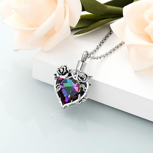 shajwo Cremation Jewelry Rose Flower Heart Urn Necklaces for Ashes for Women Memorial Human Ashes Pendant - color: Rainbow