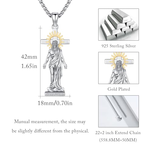 Crucifix Necklace for Men 925 Sterling Silver Jesus Cross Necklace Crucifix Cross Pendant Protection Jewelry for Men Women - style: B03-Hanging Cross-Sun