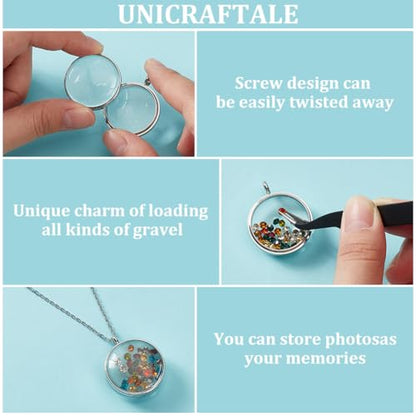 UNICRAFTALE 2 Sets Memory Locket Pendant 2 Size Stainless Steel Floating Charm Photo Living Memory Pendant Necklace Glass Photo Frame Locket Pendants for DIY Wedding Bouquet Jewelry Making