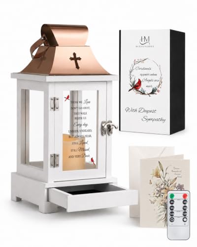 Memorial Lantern with Drawer for Keepsakes, Bereavement Sympathy Gifts for Loss of Loved One Mom Dad, Sympathy Lantern Funeral Gifts in Memory of Loved One - color: Cardinal