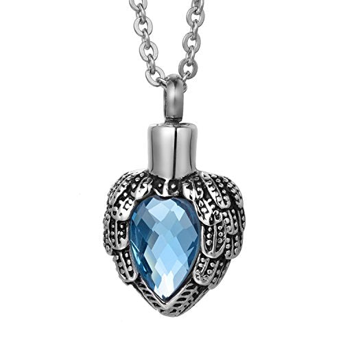 COCO Park Cremation Jewelry Stainless steel Angel Wing Heart Urn Pendant with Birthstone Memorial Necklace for Ashes - color: Blue