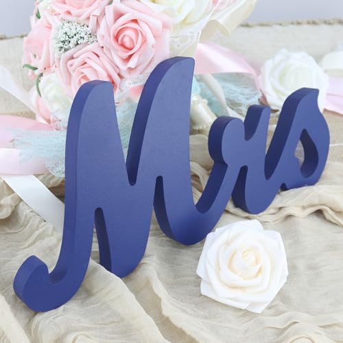 Mr & Mrs Signs Table Decor: Rustic Wooden Freestanding Letters - Wedding & Anniversary Props (Navy Blue) - color: Navy blue