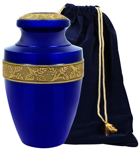 Cremation Urn for Human Ashes, Persian Blue & Gold - color: Persian Blue Gold, size: Hand-Etched Leaf - 7x11"