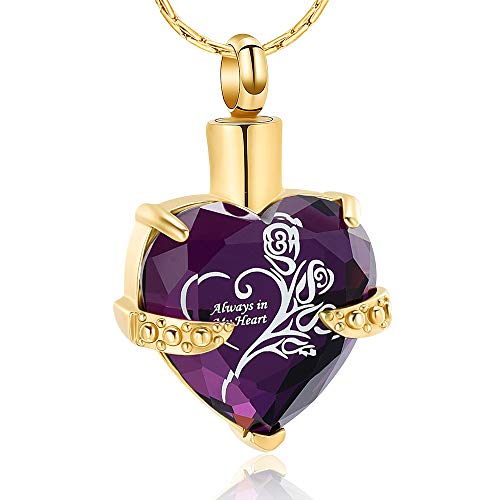 constantlife Crystal Heart Shape Cremation Jewelry Memorial Urn Necklace for Ashes, Stainless Steel Ash Holder Pendant Keepsake with Gift Box Charms Accessories for Women - color: Gold+Purple