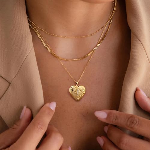 Badu Gold Initial A-Z Necklace for Women Heart Photo Lockets that Hold Picture Love Image Cubic Zirconia Necklace - color: O