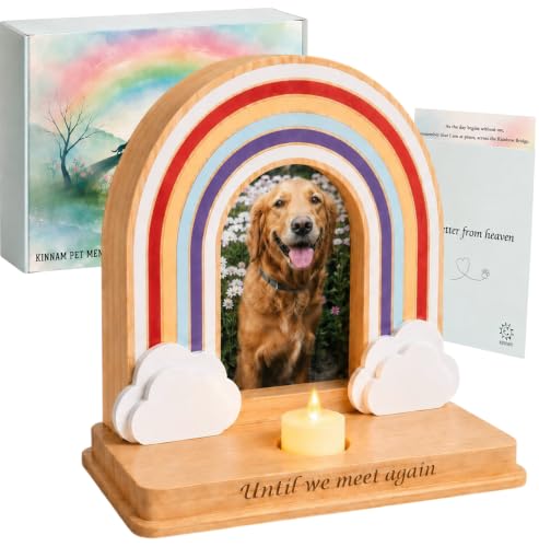 Rainbow Bridge Dog Memorial Gifts | Premium Solid Wood Pet Memorial Picture Frame for 4x6 Photo, LED Candle, Sympathy Card, Gift Box | Pet Loss Sympathy Gift Set for Dogs & Cats, In Memory of Dog
