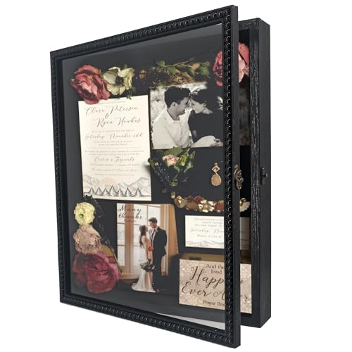 FramePro Large Shadow Box Black 13x16 Front Open with Hinge Beaded Designed Display Case with Linen Back, Graduation Cap and Gown Picture Keepsake Memory Box - color: Black, size: 13x16