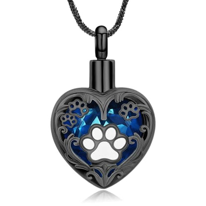 Yinplsmemory Pet Urn Necklace Pendant Jewelry for Dog Cat Memorial Crystal Heart Cremation Jewelry with Paw Print Ashes Keepsake Funeral Jewelry - color: Black-Blue