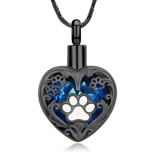 Yinplsmemory Pet Urn Necklace Pendant Jewelry for Dog Cat Memorial Crystal Heart Cremation Jewelry with Paw Print Ashes Keepsake Funeral Jewelry - color: Black-Blue
