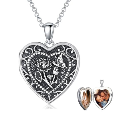 PELOVNY Birth Flower Locket Necklace for Women 925 Sterling Silver Flower Butterfly Heart Photo Locket Pendant Birthday Christmas Jewelry Gifts for Mom Daughter Wife Sister - color: 07-Lotus