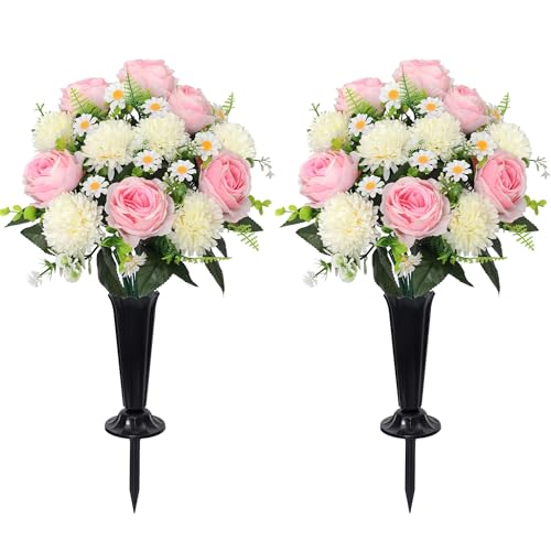 Wocst Cemetery Flowers for Graves 2PCS Grave Roses Silks Bouquets with Vases for Outdoor Grave Decorations Weatherproof,NO-Fading - color: Pink