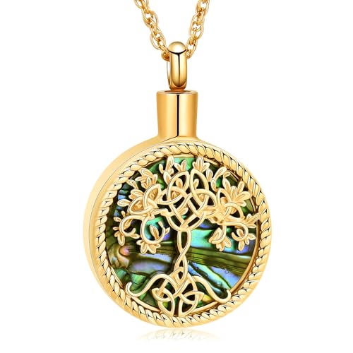 shajwo Cremation Jewelry Tree of Life Urn Ashes Necklace for Women Men Abalone shell Ash Pendant Keepsake Memorial Jewelry of Loved One - color: Gold