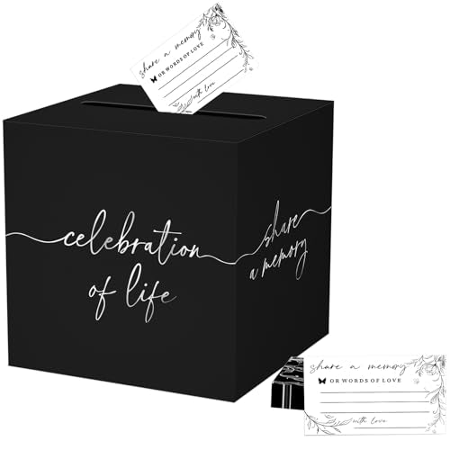 QISOLIY Black Celebration of Life Card Box with Silver Lettering, Share a Memory Funeral Card and 50Pcs Cards for Memorial Service, Memory Box for Sympathy Condolence Messages - color: Black Silver