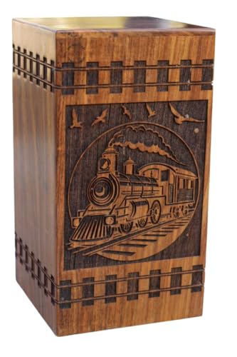 Train Urn, Vintage Burning Train steam Engraved Train Whistle Wooden Urns Box for Human Ashes Male Female Adult Burial Funeral Urn Box ((Medium [9.5X5.5-180 Cu.in])) - size: (Medium [9.5X5.5-180 Cu.in])