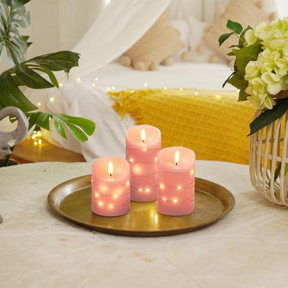 Homemory Flameless Candles with String Lights, 3 Pack Embedded Fairy String Lights LED Candles, Electric Flickering Candles with Remote Control and Timer, Real Wax, Pink - color: Pink