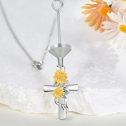 MONGAS Sunflower Cross/Sea Turtle/Phoenix/Angel Wing Urn Necklace for Ashes Sterling Silver Sunflower Cross/Sea Turtle/Phoenix/Angel Wing Cremation Jewelry for Ashes for Women - style: Sunflower Cross